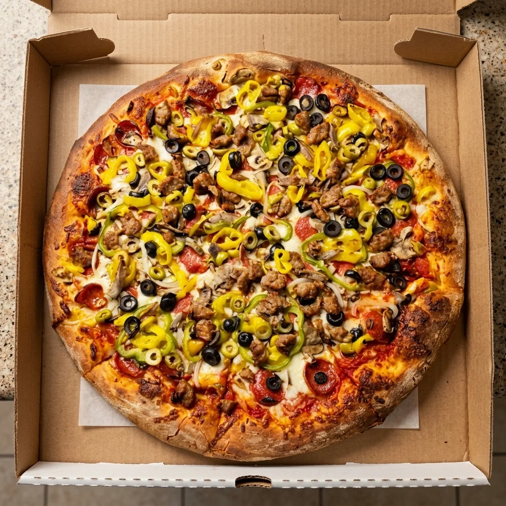 Loaded Deluxe Pizza with meats and vegetables at Pizza On Fire Calgary
